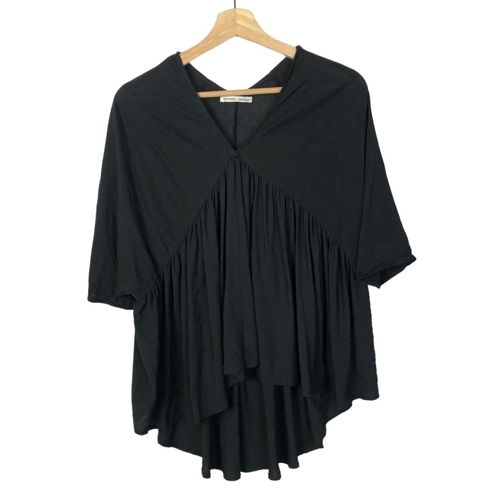 Zara Black V-Neck Ruffle Hem Babydoll Short Sleeve Top M